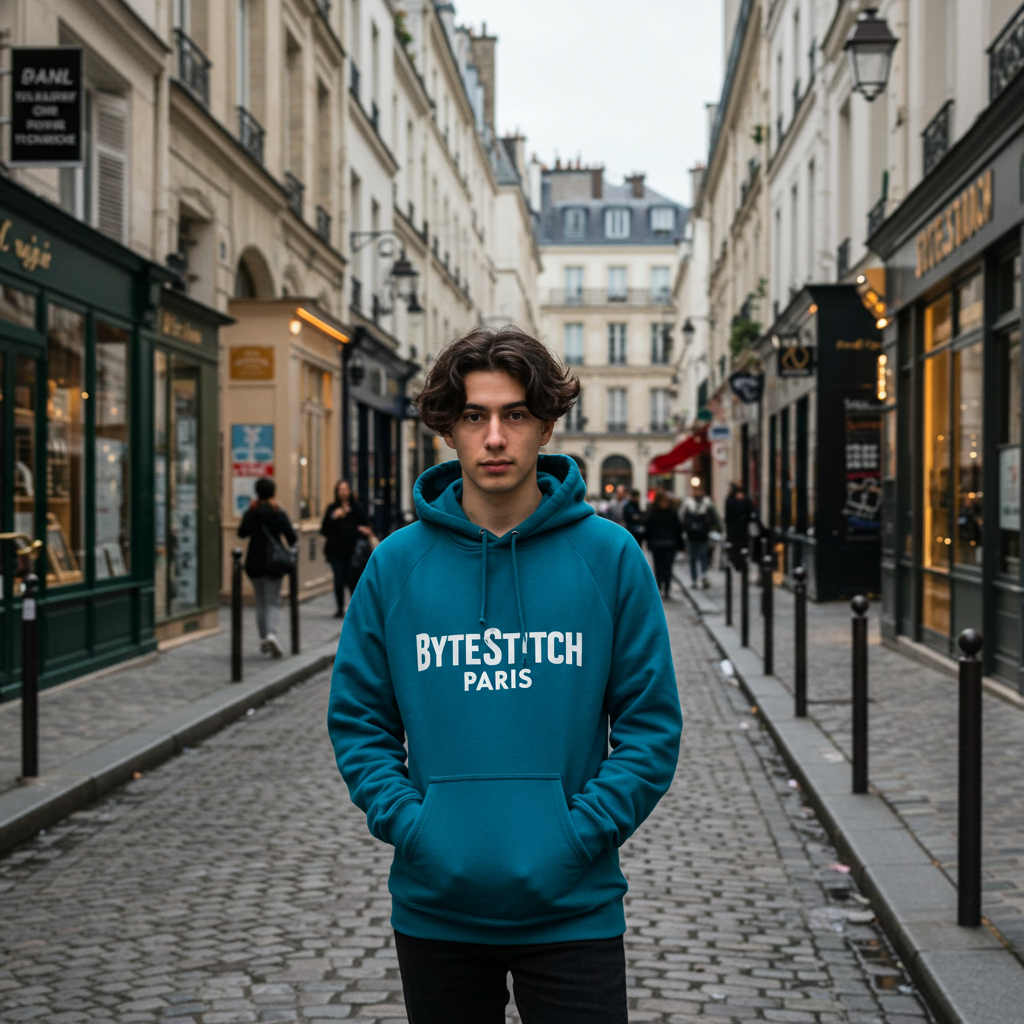 A person in a ByteStitch Paris hoodie walking on a Parisian street
