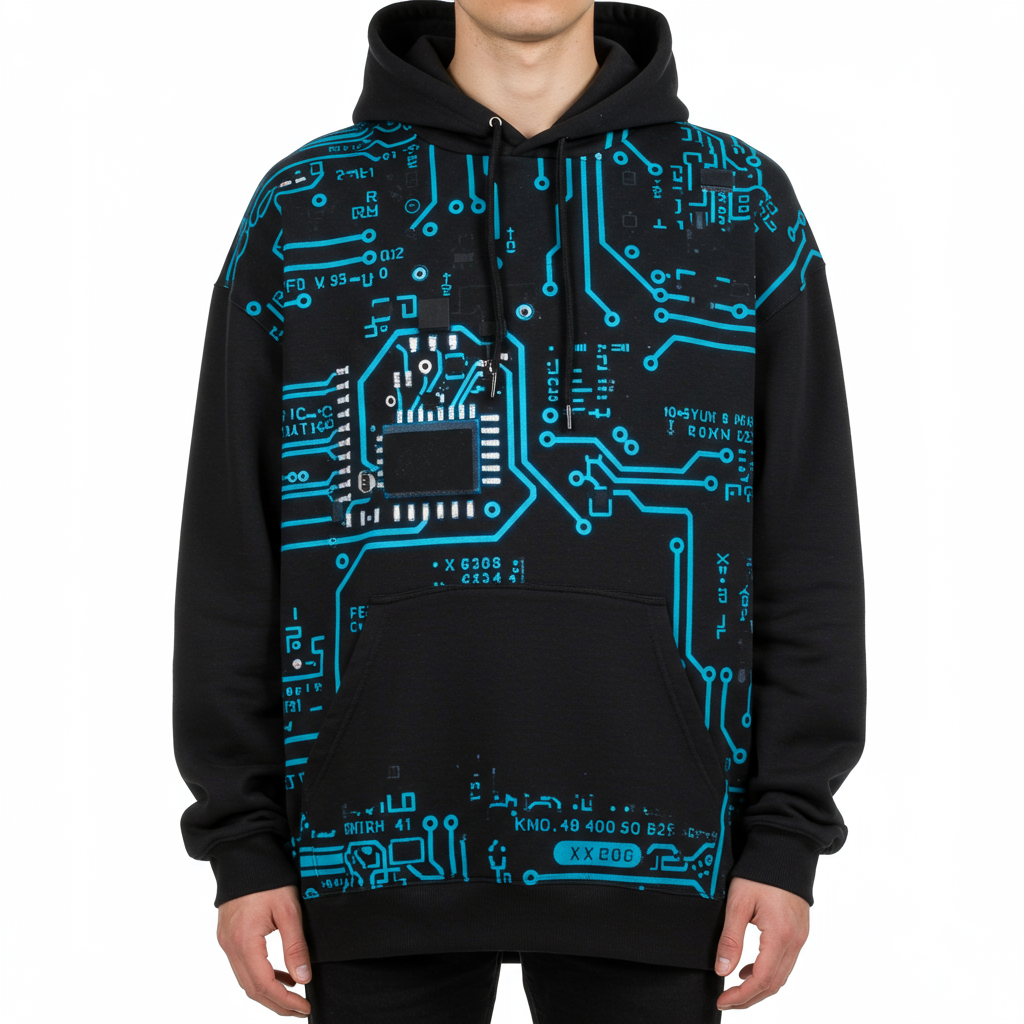 Oversized Black Hoodie with a neon-blue circuit board print