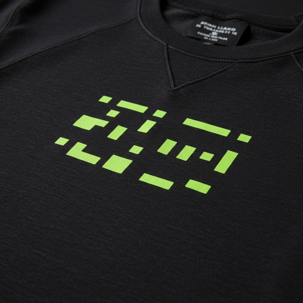Black Crewneck Sweatshirt with a minimalist neon-lime pixel art print