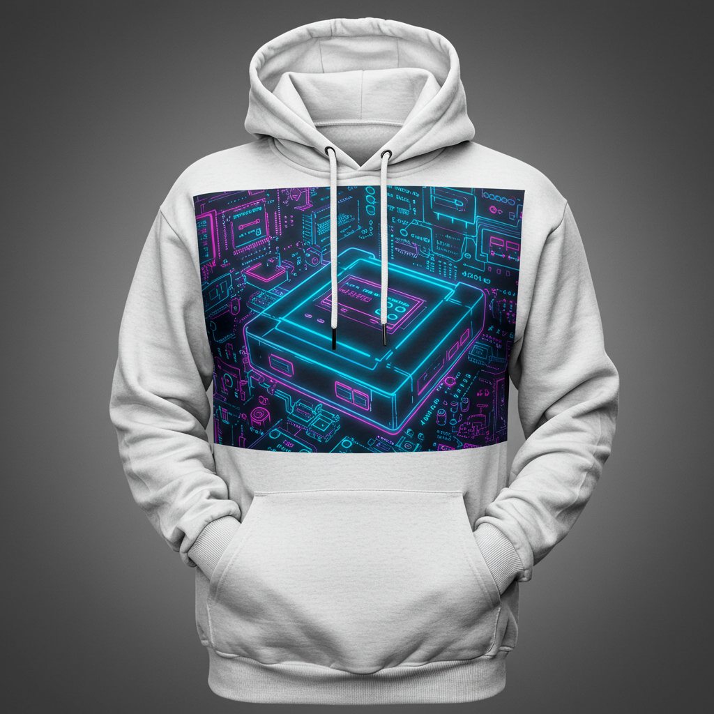 White Hoodie with a neon-blue retro gaming console schematic print